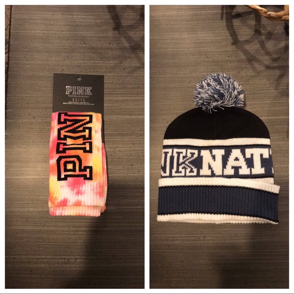PINK knee high socks + PINK nation pom beanie